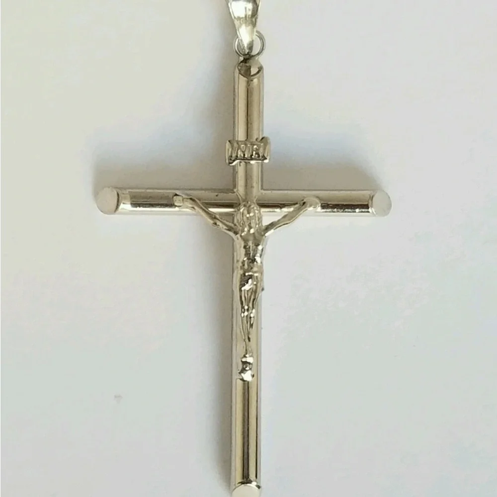 Real 14k white Gold Jesus Crucifix Cross Pendant 2 inch long